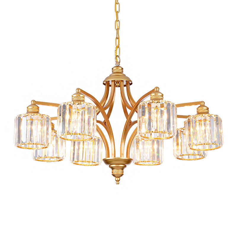 8 Heads K9 Crystal Hanging Lamp Traditionalism Gold Cylindrical Living Room Chandelier Light Clearhalo 'Ceiling Lights' 'Chandeliers' Lighting' options 889137