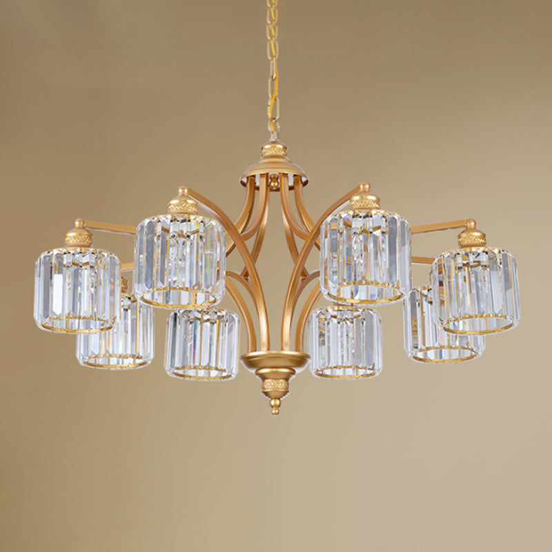 8 Heads K9 Crystal Hanging Lamp Traditionalism Gold Cylindrical Living Room Chandelier Light Clearhalo 'Ceiling Lights' 'Chandeliers' Lighting' options 889138