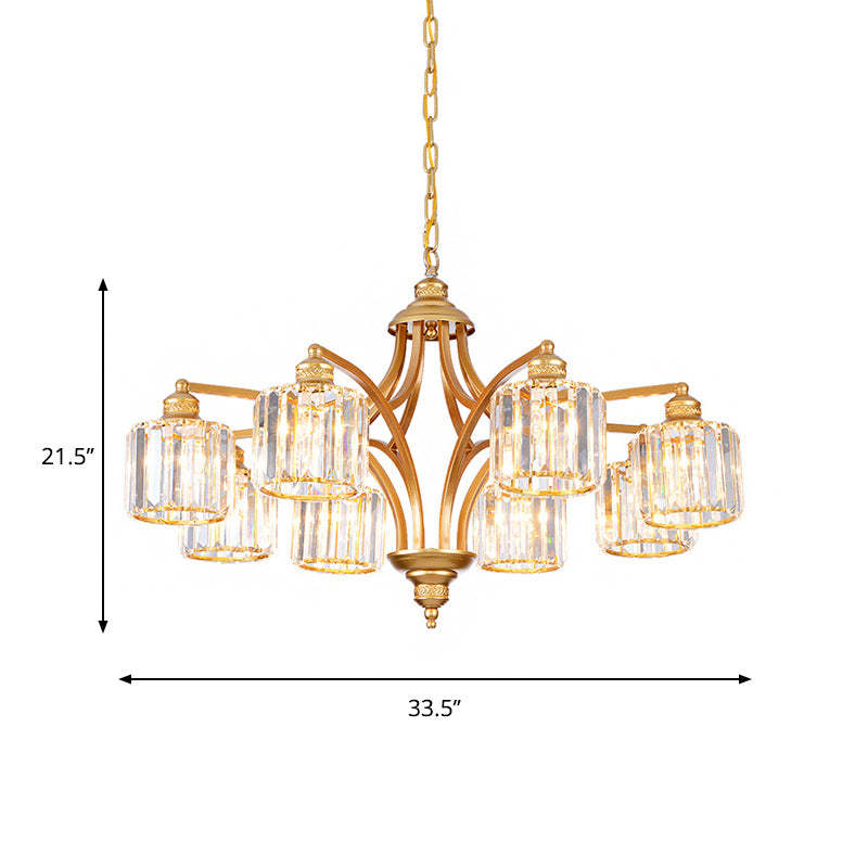 8 Heads K9 Crystal Hanging Lamp Traditionalism Gold Cylindrical Living Room Chandelier Light Clearhalo 'Ceiling Lights' 'Chandeliers' Lighting' options 889139