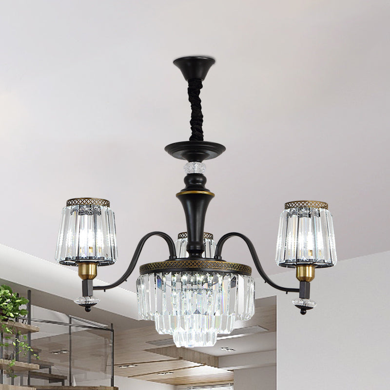 Black Conical Suspension Light Vintage Clear Crystal Block 3/6 Heads Dining Room Chandelier Lamp Clearhalo 'Ceiling Lights' 'Chandeliers' Lighting' options 889144