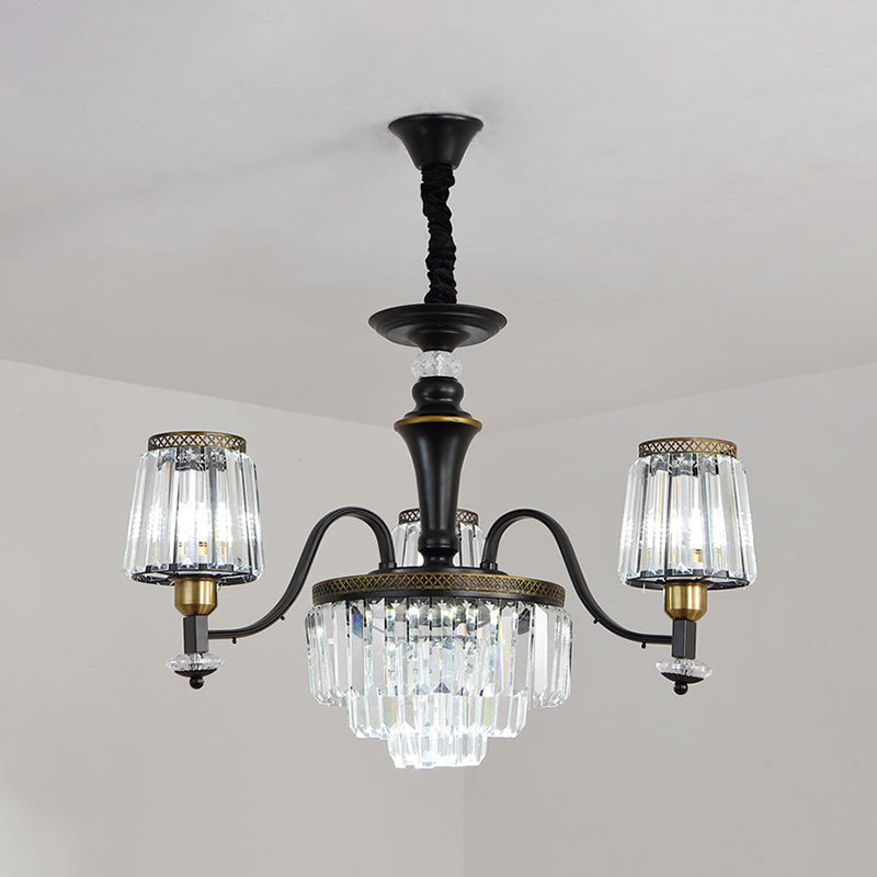 Black Conical Suspension Light Vintage Clear Crystal Block 3/6 Heads Dining Room Chandelier Lamp Clearhalo 'Ceiling Lights' 'Chandeliers' Lighting' options 889145