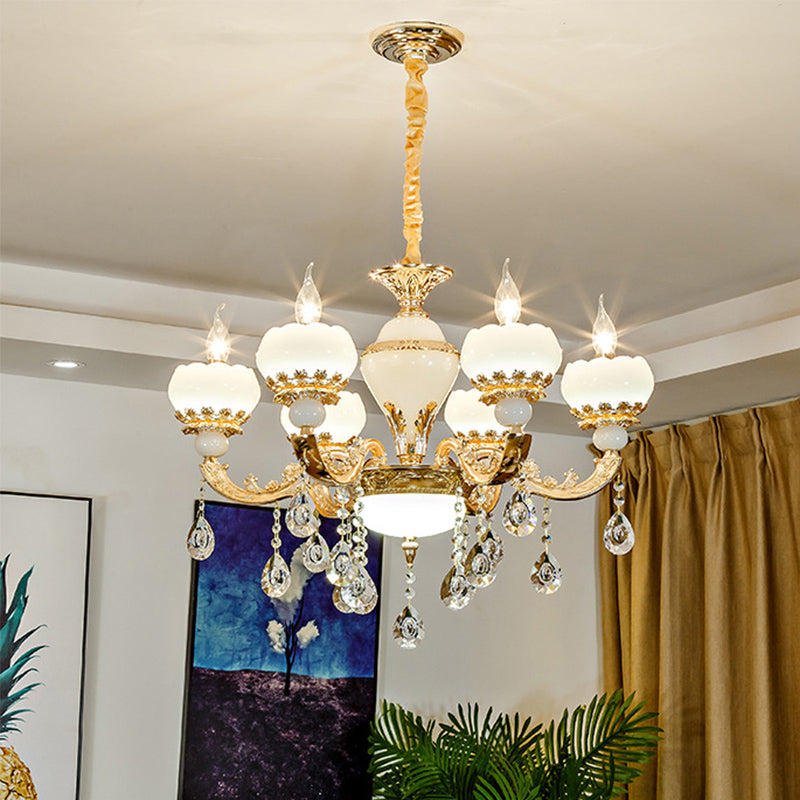 Jade Gold Chandelier Lamp Candle 6 Heads Bedroom Ceiling Light with Crystal Draping Clearhalo 'Ceiling Lights' 'Chandeliers' Lighting' options 889153