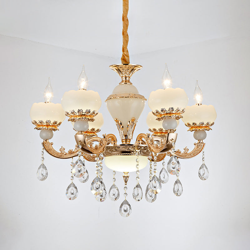 Jade Gold Chandelier Lamp Candle 6 Heads Bedroom Ceiling Light with Crystal Draping Clearhalo 'Ceiling Lights' 'Chandeliers' Lighting' options 889154