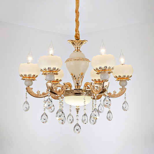 Jade Gold Chandelier Lamp Candle 6 Heads Bedroom Ceiling Light with Crystal Draping Clearhalo 'Ceiling Lights' 'Chandeliers' Lighting' options 889154