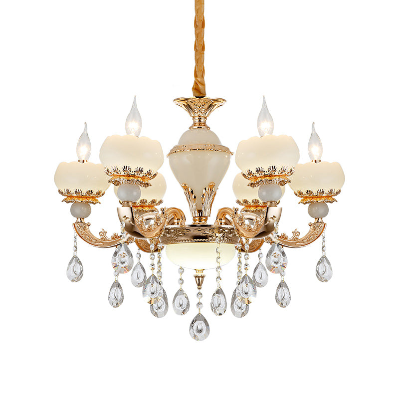 Jade Gold Chandelier Lamp Candle 6 Heads Bedroom Ceiling Light with Crystal Draping Clearhalo 'Ceiling Lights' 'Chandeliers' Lighting' options 889155