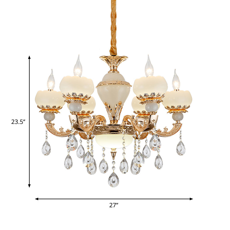 Jade Gold Chandelier Lamp Candle 6 Heads Bedroom Ceiling Light with Crystal Draping Clearhalo 'Ceiling Lights' 'Chandeliers' Lighting' options 889156