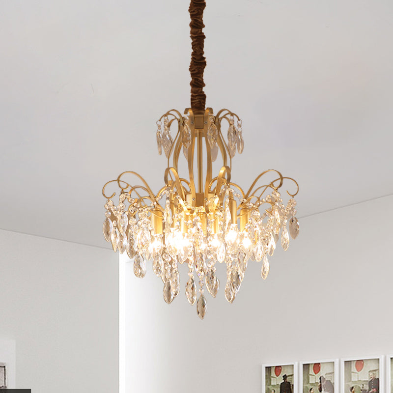 Faceted Crystal Waterfall Pendant Traditionalism 7-Bulb Living Room Hanging Chandelier in Gold Clearhalo 'Ceiling Lights' 'Chandeliers' Lighting' options 889166