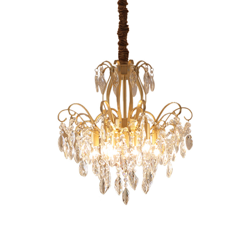 Faceted Crystal Waterfall Pendant Traditionalism 7-Bulb Living Room Hanging Chandelier in Gold Clearhalo 'Ceiling Lights' 'Chandeliers' Lighting' options 889167