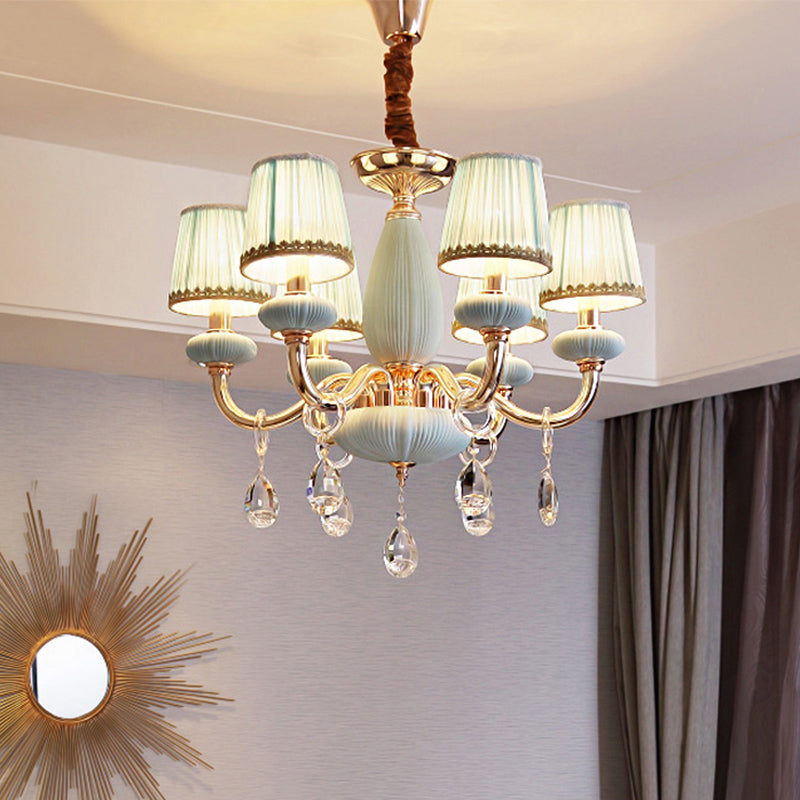 Blue Barrel Ceiling Light Traditionalist Fabric 6-Bulb Bedroom Hanging Chandelier with Crystal Decor Blue Clearhalo 'Ceiling Lights' 'Chandeliers' Lighting' options 889169_e584c110-01fd-4974-b7c8-c1a6612a5556