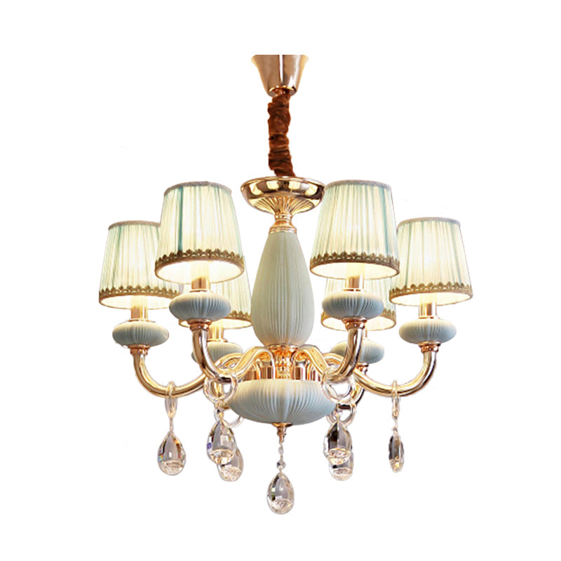 Blue Barrel Ceiling Light Traditionalist Fabric 6-Bulb Bedroom Hanging Chandelier with Crystal Decor Clearhalo 'Ceiling Lights' 'Chandeliers' Lighting' options 889170