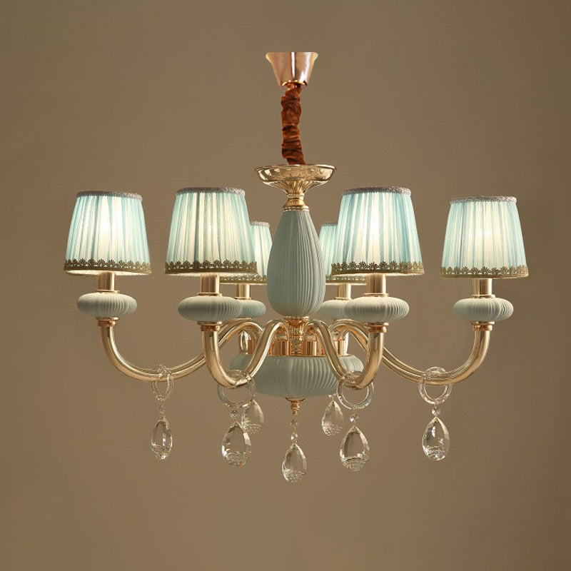 Blue Barrel Ceiling Light Traditionalist Fabric 6-Bulb Bedroom Hanging Chandelier with Crystal Decor Clearhalo 'Ceiling Lights' 'Chandeliers' Lighting' options 889171