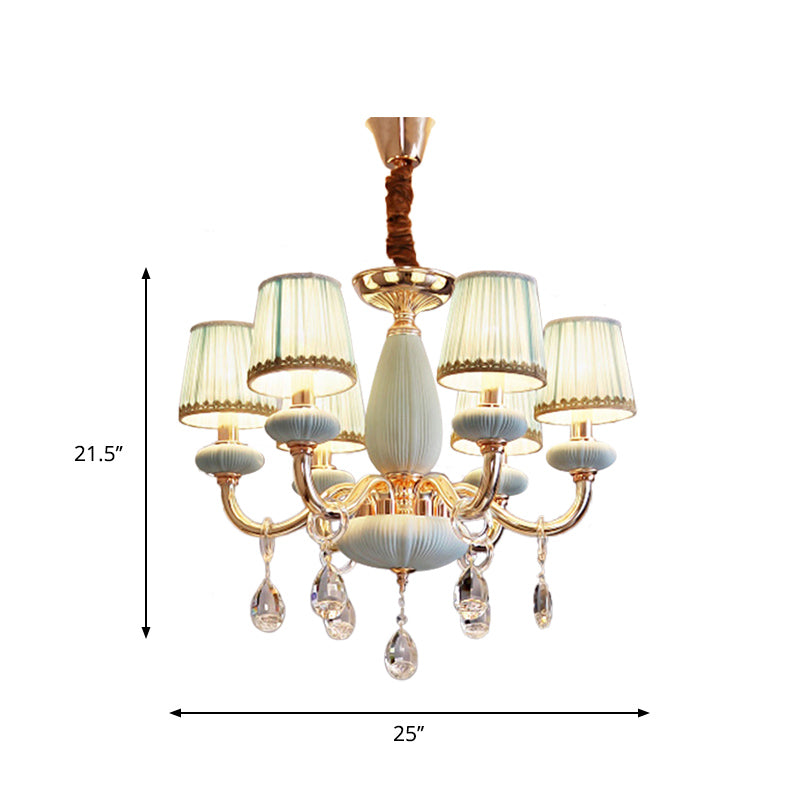 Blue Barrel Ceiling Light Traditionalist Fabric 6-Bulb Bedroom Hanging Chandelier with Crystal Decor Clearhalo 'Ceiling Lights' 'Chandeliers' Lighting' options 889172