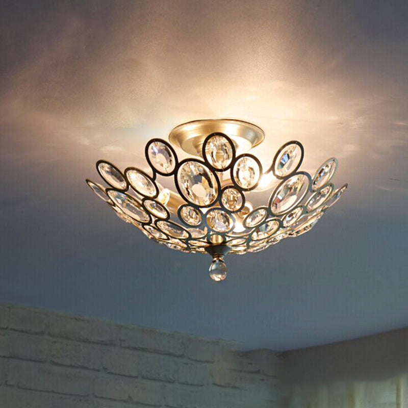 Silver Dome Ceiling Flush Mount Modernism Hand-Cut Crystal 3 Heads Corridor Semi Flush Light Fixture Silver Clearhalo 'Ceiling Lights' 'Close To Ceiling Lights' 'Close to ceiling' 'Semi-flushmount' Lighting' 889181