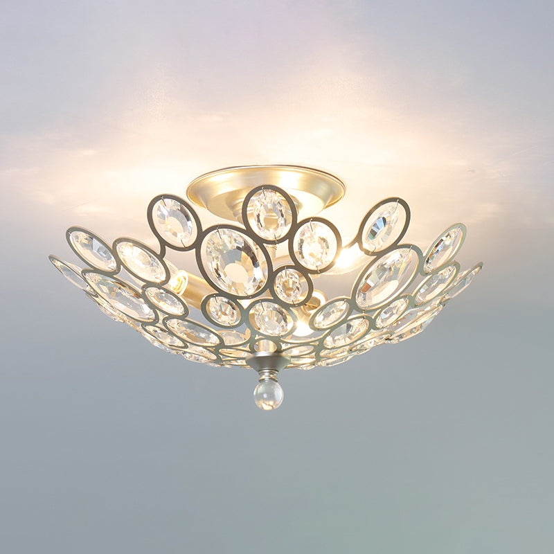 Silver Dome Ceiling Flush Mount Modernism Hand-Cut Crystal 3 Heads Corridor Semi Flush Light Fixture Clearhalo 'Ceiling Lights' 'Close To Ceiling Lights' 'Close to ceiling' 'Semi-flushmount' Lighting' 889183