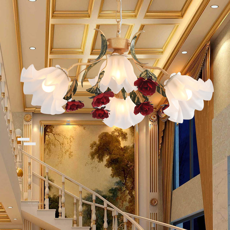 Floral Hallway Ceiling Chandelier American Garden Frosted Glass 4/6-Head Red Pendant Lamp Clearhalo 'Ceiling Lights' 'Chandeliers' Lighting' options 889193