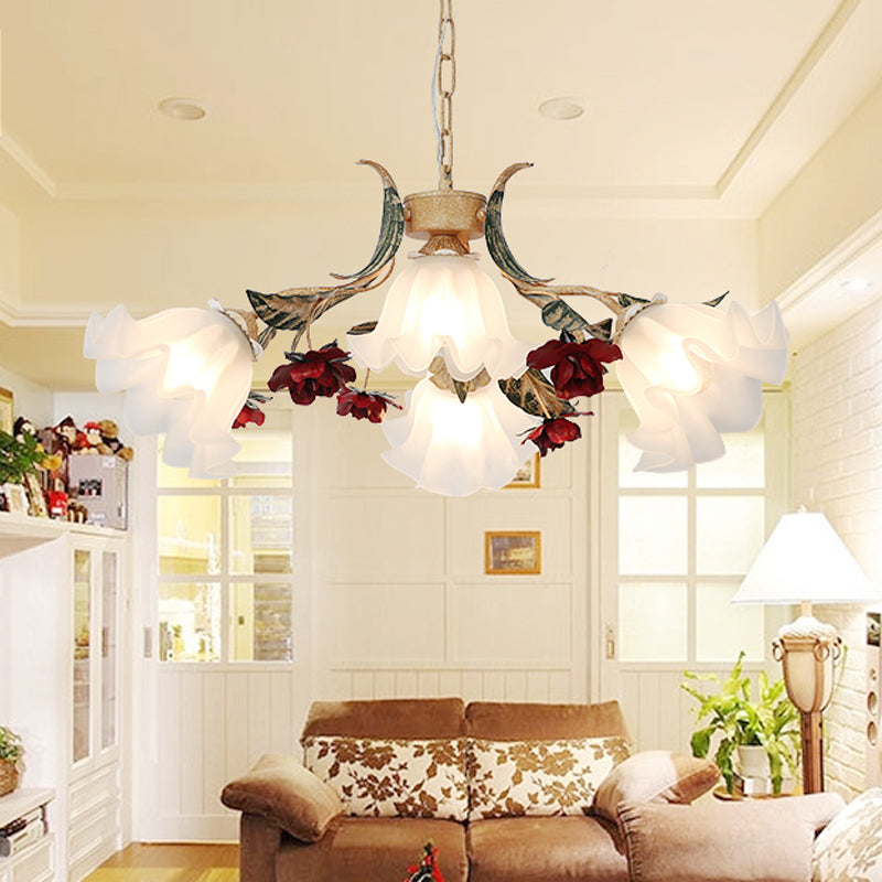 Floral Hallway Ceiling Chandelier American Garden Frosted Glass 4/6-Head Red Pendant Lamp Clearhalo 'Ceiling Lights' 'Chandeliers' Lighting' options 889194