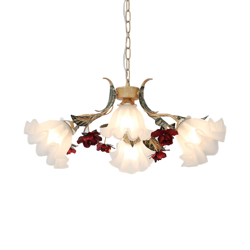 Floral Hallway Ceiling Chandelier American Garden Frosted Glass 4/6-Head Red Pendant Lamp Clearhalo 'Ceiling Lights' 'Chandeliers' Lighting' options 889195