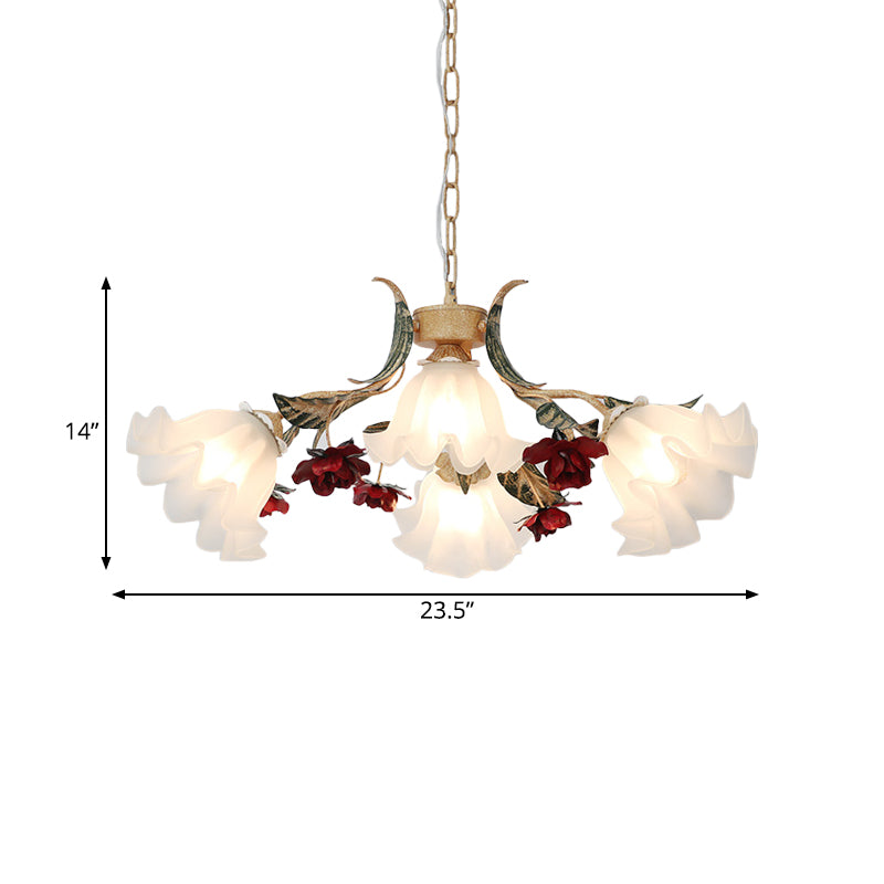 Floral Hallway Ceiling Chandelier American Garden Frosted Glass 4/6-Head Red Pendant Lamp Clearhalo 'Ceiling Lights' 'Chandeliers' Lighting' options 889196