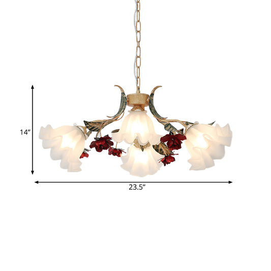 Floral Hallway Ceiling Chandelier American Garden Frosted Glass 4/6-Head Red Pendant Lamp Clearhalo 'Ceiling Lights' 'Chandeliers' Lighting' options 889196