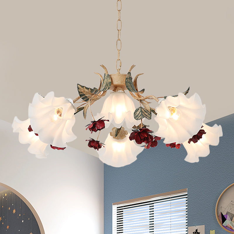 Floral Hallway Ceiling Chandelier American Garden Frosted Glass 4/6-Head Red Pendant Lamp Clearhalo 'Ceiling Lights' 'Chandeliers' Lighting' options 889197