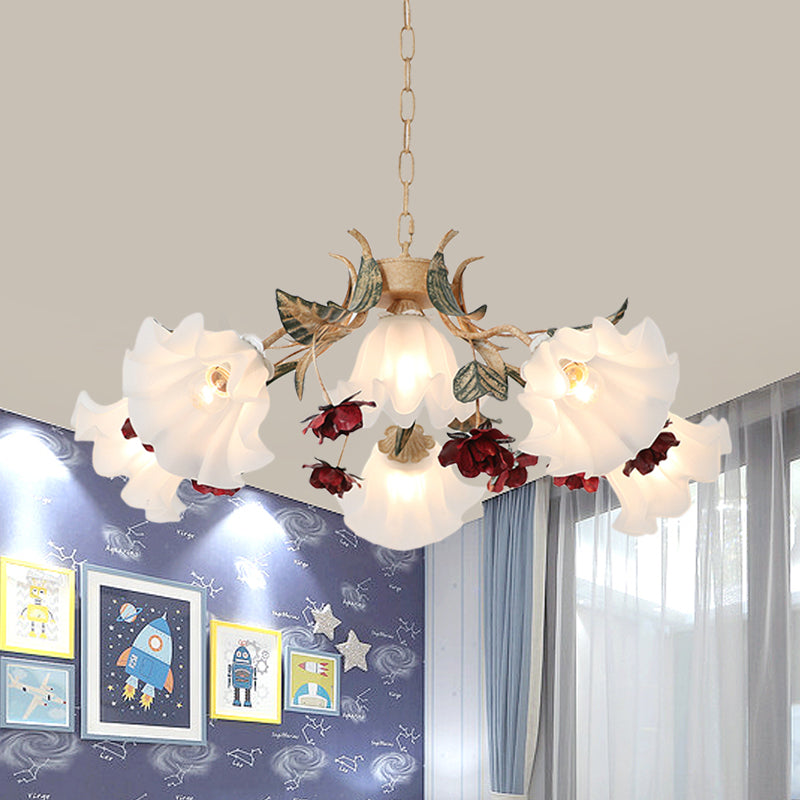 Floral Hallway Ceiling Chandelier American Garden Frosted Glass 4/6-Head Red Pendant Lamp Clearhalo 'Ceiling Lights' 'Chandeliers' Lighting' options 889198