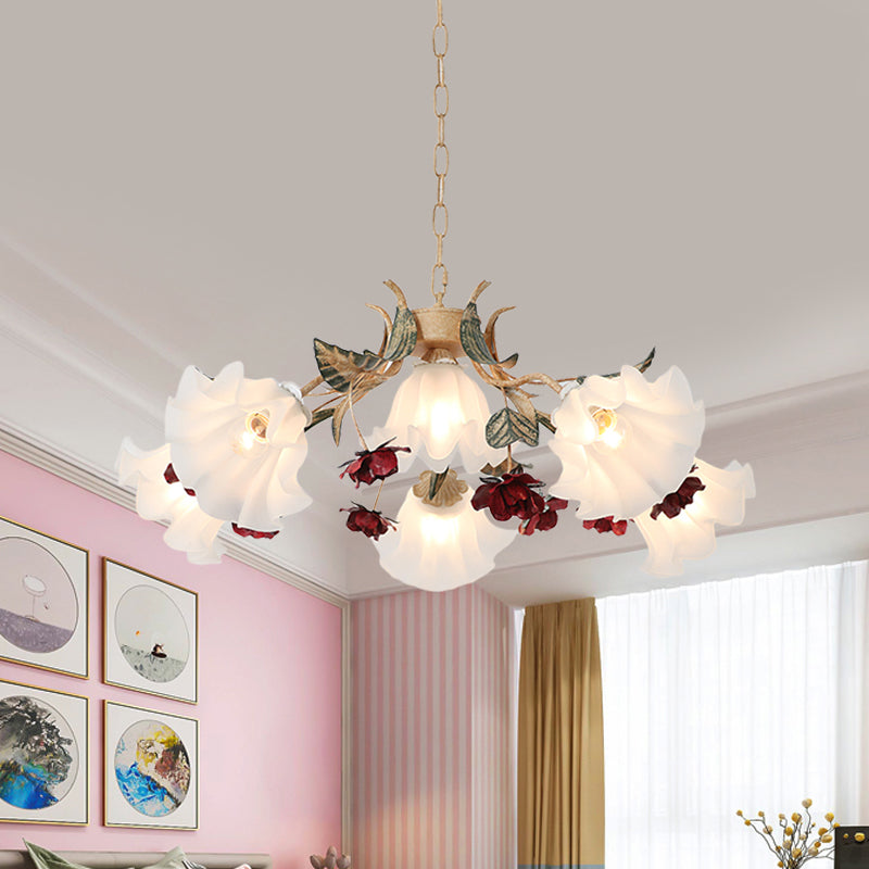 Floral Hallway Ceiling Chandelier American Garden Frosted Glass 4/6-Head Red Pendant Lamp Clearhalo 'Ceiling Lights' 'Chandeliers' Lighting' options 889199