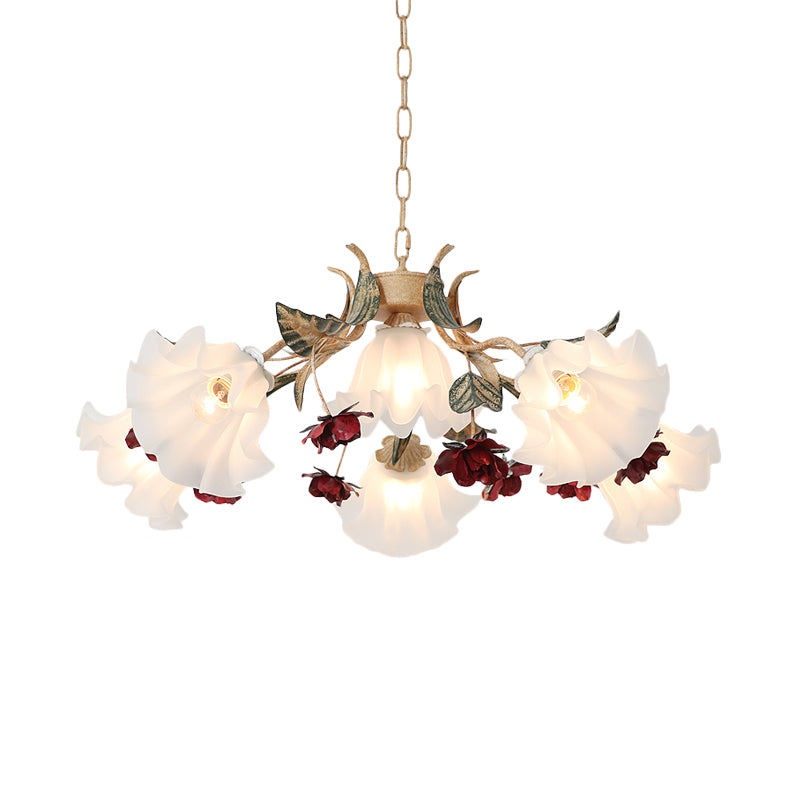 Floral Hallway Ceiling Chandelier American Garden Frosted Glass 4/6-Head Red Pendant Lamp Clearhalo 'Ceiling Lights' 'Chandeliers' Lighting' options 889200