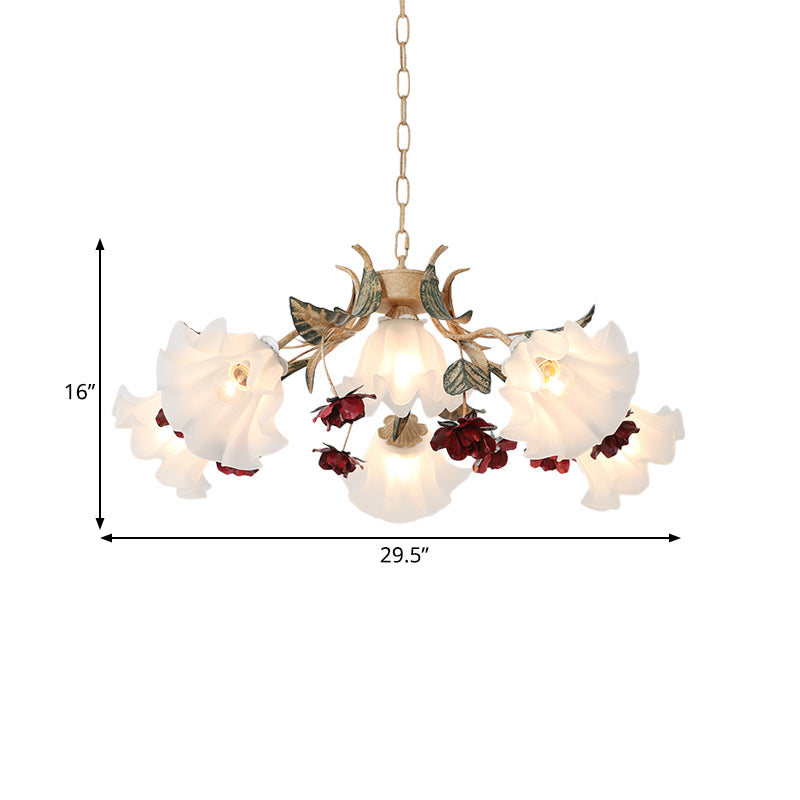 Floral Hallway Ceiling Chandelier American Garden Frosted Glass 4/6-Head Red Pendant Lamp Clearhalo 'Ceiling Lights' 'Chandeliers' Lighting' options 889201