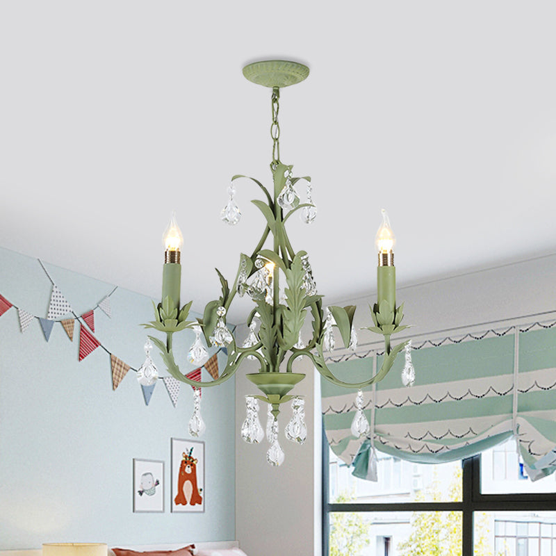 Green Foliage Design Candle Chandelier Countryside Iron 3 Lights Bedroom Ceiling Suspension Lamp Clearhalo 'Ceiling Lights' 'Chandeliers' Lighting' options 889202