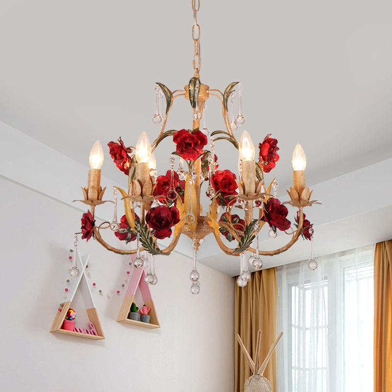 Coffee 3/6 Bulbs Suspension Lamp Pastoral Iron Rose-Embellished Candle Style Chandelier over Table Clearhalo 'Ceiling Lights' 'Chandeliers' Lighting' options 889206