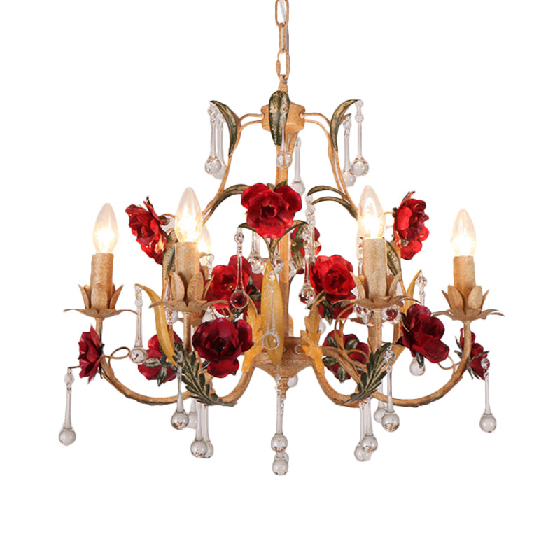 Coffee 3/6 Bulbs Suspension Lamp Pastoral Iron Rose-Embellished Candle Style Chandelier over Table Clearhalo 'Ceiling Lights' 'Chandeliers' Lighting' options 889207