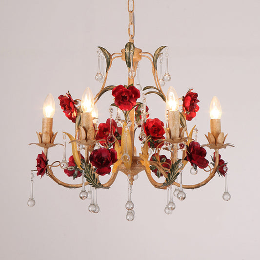 Coffee 3/6 Bulbs Suspension Lamp Pastoral Iron Rose-Embellished Candle Style Chandelier over Table Clearhalo 'Ceiling Lights' 'Chandeliers' Lighting' options 889208