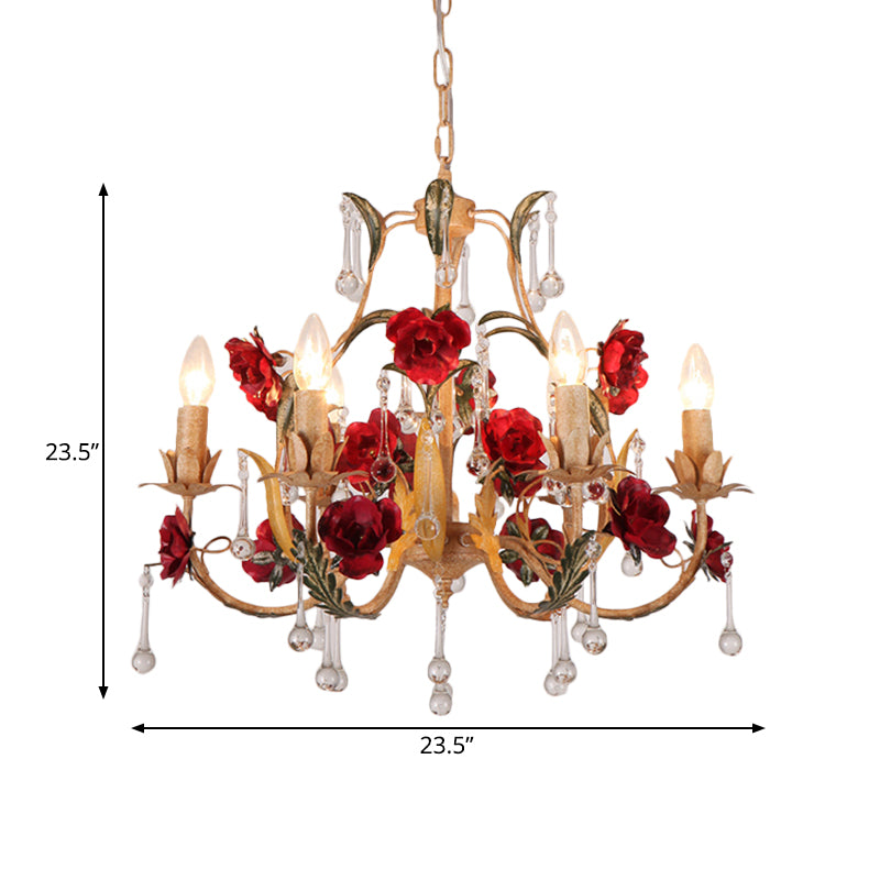 Coffee 3/6 Bulbs Suspension Lamp Pastoral Iron Rose-Embellished Candle Style Chandelier over Table Clearhalo 'Ceiling Lights' 'Chandeliers' Lighting' options 889209