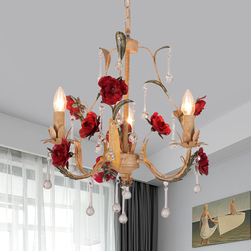 Coffee 3/6 Bulbs Suspension Lamp Pastoral Iron Rose-Embellished Candle Style Chandelier over Table Clearhalo 'Ceiling Lights' 'Chandeliers' Lighting' options 889210