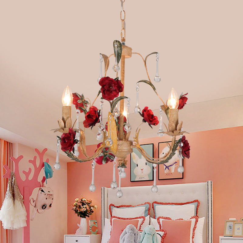 Coffee 3/6 Bulbs Suspension Lamp Pastoral Iron Rose-Embellished Candle Style Chandelier over Table Clearhalo 'Ceiling Lights' 'Chandeliers' Lighting' options 889211