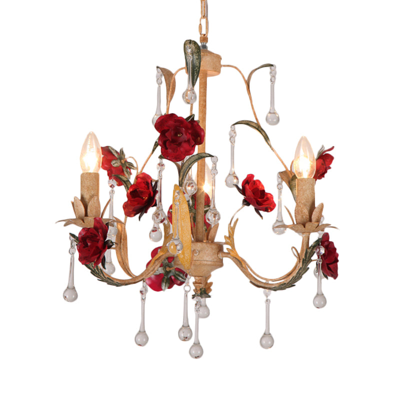 Coffee 3/6 Bulbs Suspension Lamp Pastoral Iron Rose-Embellished Candle Style Chandelier over Table Clearhalo 'Ceiling Lights' 'Chandeliers' Lighting' options 889212