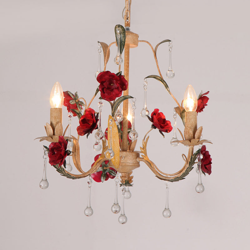 Coffee 3/6 Bulbs Suspension Lamp Pastoral Iron Rose-Embellished Candle Style Chandelier over Table Clearhalo 'Ceiling Lights' 'Chandeliers' Lighting' options 889213