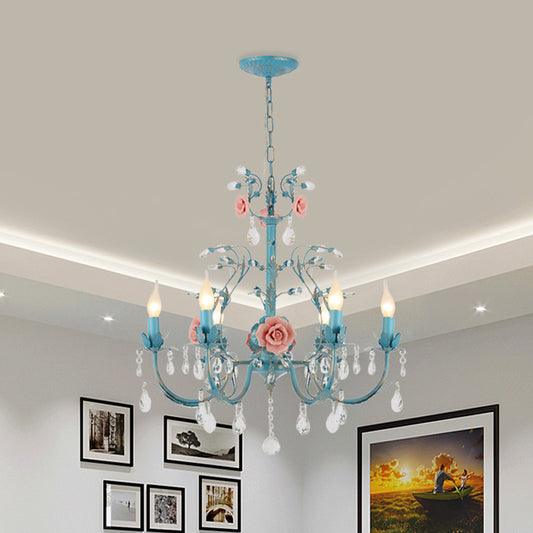 Blue Candelabra Ceiling Chandelier American Flower Iron 3/6 Heads Dining Room Pendant Light Fixture Clearhalo 'Ceiling Lights' 'Chandeliers' Lighting' options 889229