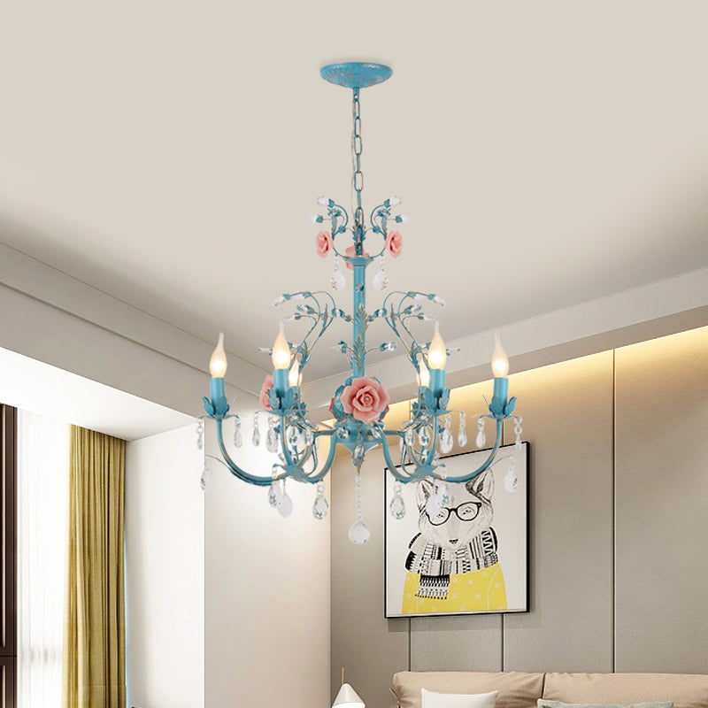 Blue Candelabra Ceiling Chandelier American Flower Iron 3/6 Heads Dining Room Pendant Light Fixture Clearhalo 'Ceiling Lights' 'Chandeliers' Lighting' options 889230