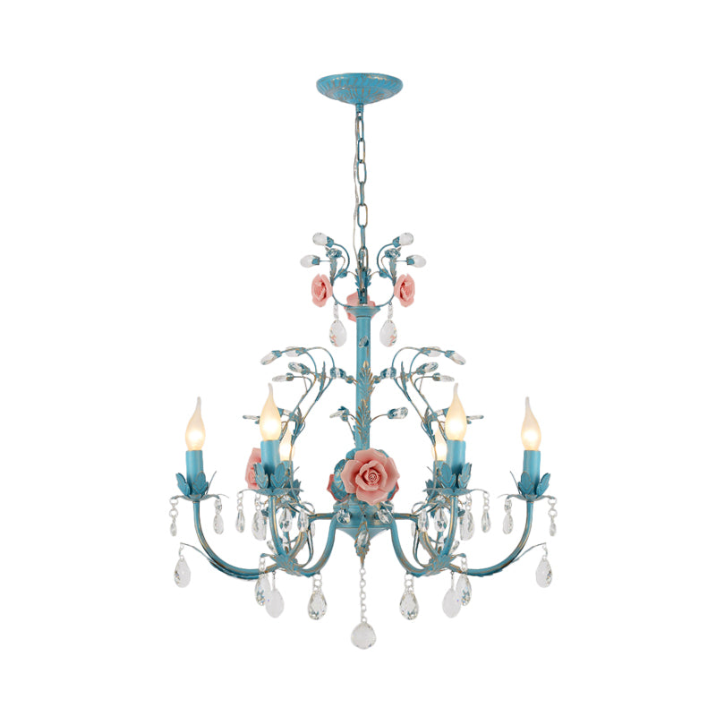 Blue Candelabra Ceiling Chandelier American Flower Iron 3/6 Heads Dining Room Pendant Light Fixture Clearhalo 'Ceiling Lights' 'Chandeliers' Lighting' options 889231