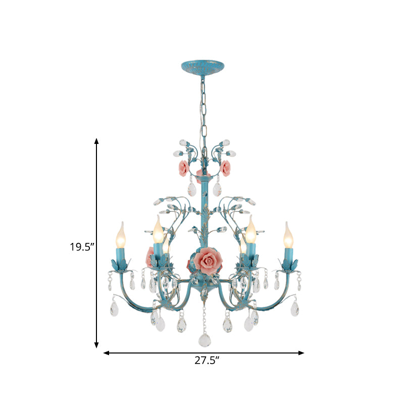 Blue Candelabra Ceiling Chandelier American Flower Iron 3/6 Heads Dining Room Pendant Light Fixture Clearhalo 'Ceiling Lights' 'Chandeliers' Lighting' options 889232