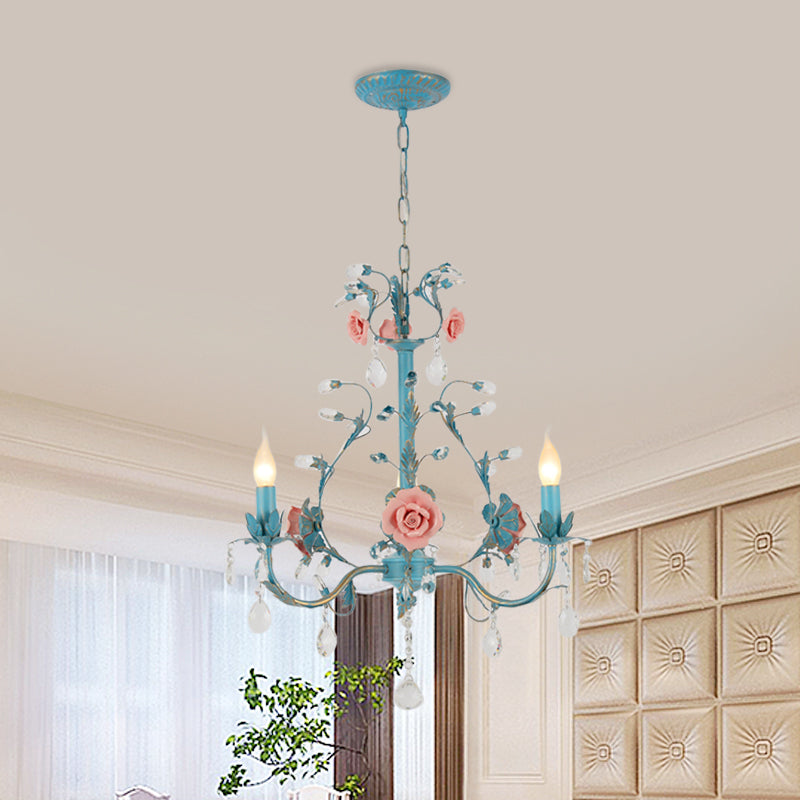 Blue Candelabra Ceiling Chandelier American Flower Iron 3/6 Heads Dining Room Pendant Light Fixture Clearhalo 'Ceiling Lights' 'Chandeliers' Lighting' options 889233