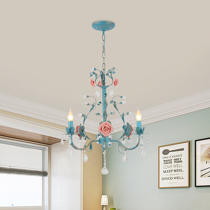 Blue Candelabra Ceiling Chandelier American Flower Iron 3/6 Heads Dining Room Pendant Light Fixture Clearhalo 'Ceiling Lights' 'Chandeliers' Lighting' options 889234