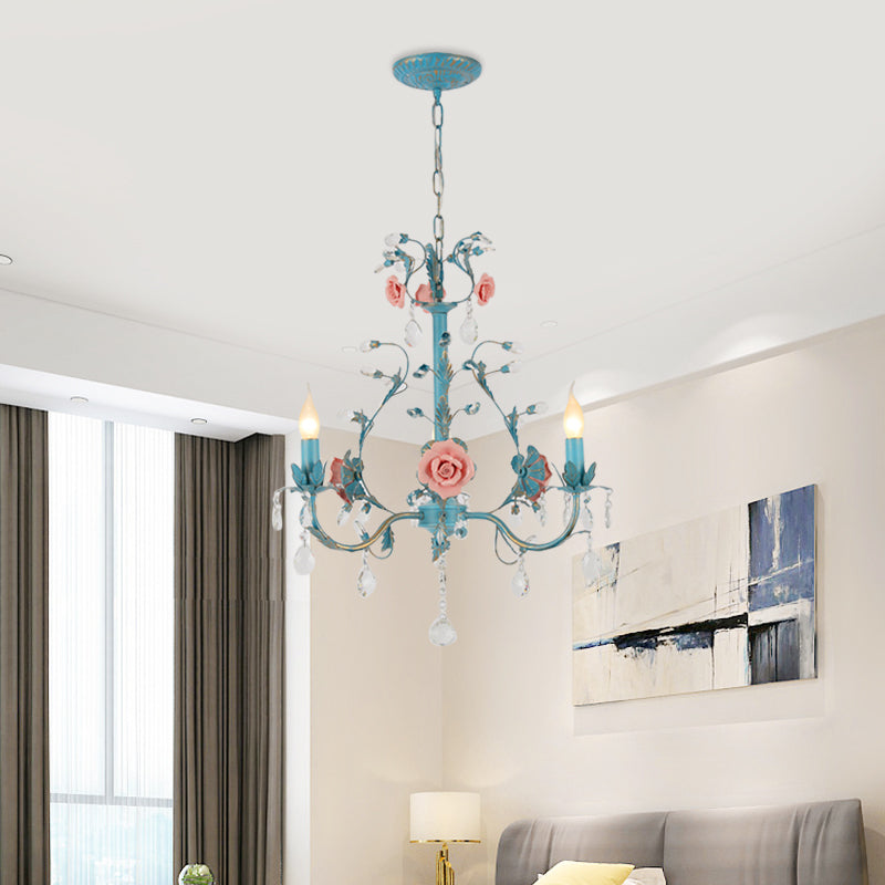 Blue Candelabra Ceiling Chandelier American Flower Iron 3/6 Heads Dining Room Pendant Light Fixture Clearhalo 'Ceiling Lights' 'Chandeliers' Lighting' options 889235