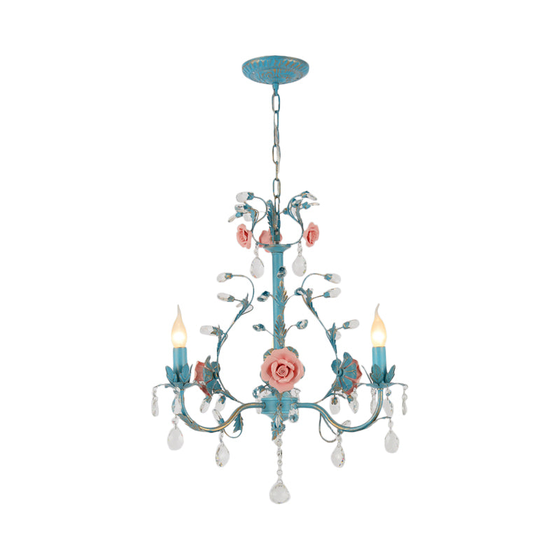 Blue Candelabra Ceiling Chandelier American Flower Iron 3/6 Heads Dining Room Pendant Light Fixture Clearhalo 'Ceiling Lights' 'Chandeliers' Lighting' options 889236