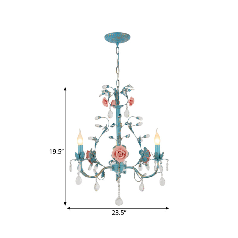 Blue Candelabra Ceiling Chandelier American Flower Iron 3/6 Heads Dining Room Pendant Light Fixture Clearhalo 'Ceiling Lights' 'Chandeliers' Lighting' options 889237