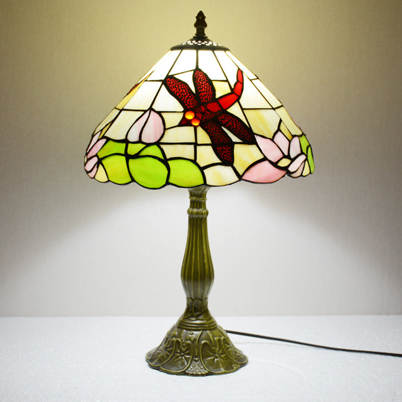 Handcrafted Stained Glass Cone Night Lamp Tiffany 1 Light Bronze Finish Table Lighting with Dragonfly and Lotus Pattern Bronze Clearhalo 'Lamps' 'Table Lamps' Lighting' 889279