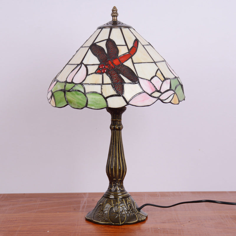 Handcrafted Stained Glass Cone Night Lamp Tiffany 1 Light Bronze Finish Table Lighting with Dragonfly and Lotus Pattern Clearhalo 'Lamps' 'Table Lamps' Lighting' 889280