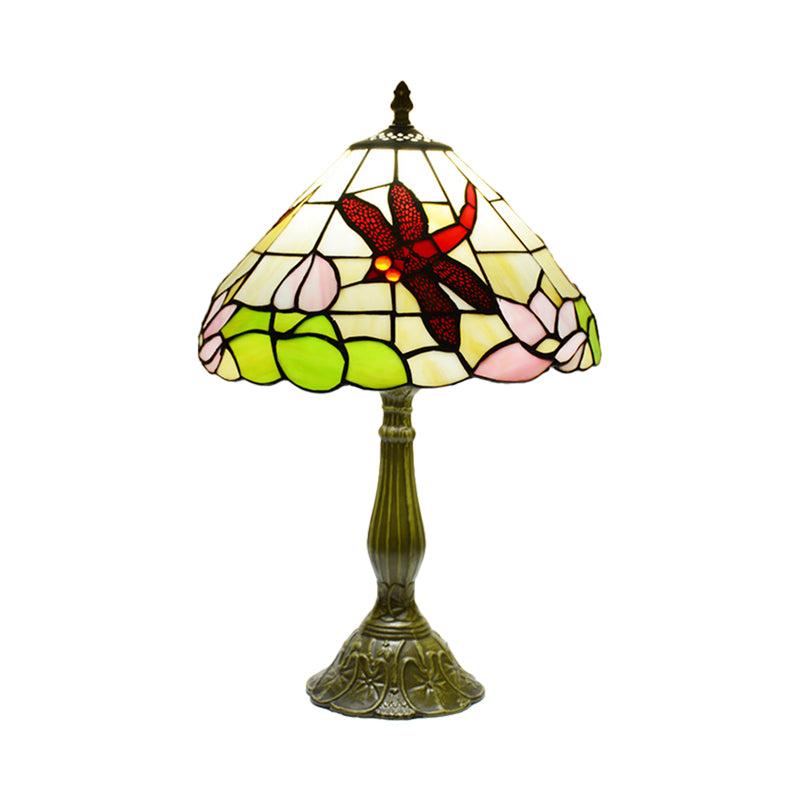Handcrafted Stained Glass Cone Night Lamp Tiffany 1 Light Bronze Finish Table Lighting with Dragonfly and Lotus Pattern Clearhalo 'Lamps' 'Table Lamps' Lighting' 889281