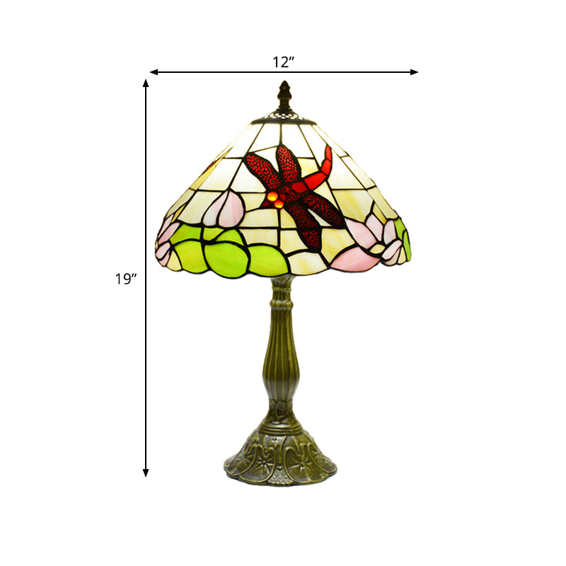 Handcrafted Stained Glass Cone Night Lamp Tiffany 1 Light Bronze Finish Table Lighting with Dragonfly and Lotus Pattern Clearhalo 'Lamps' 'Table Lamps' Lighting' 889282